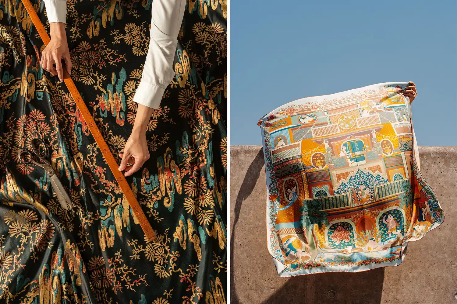 Artisanal hand-measuring of Jim Thompson silk fabric and a colorful silk scarf held against the sky