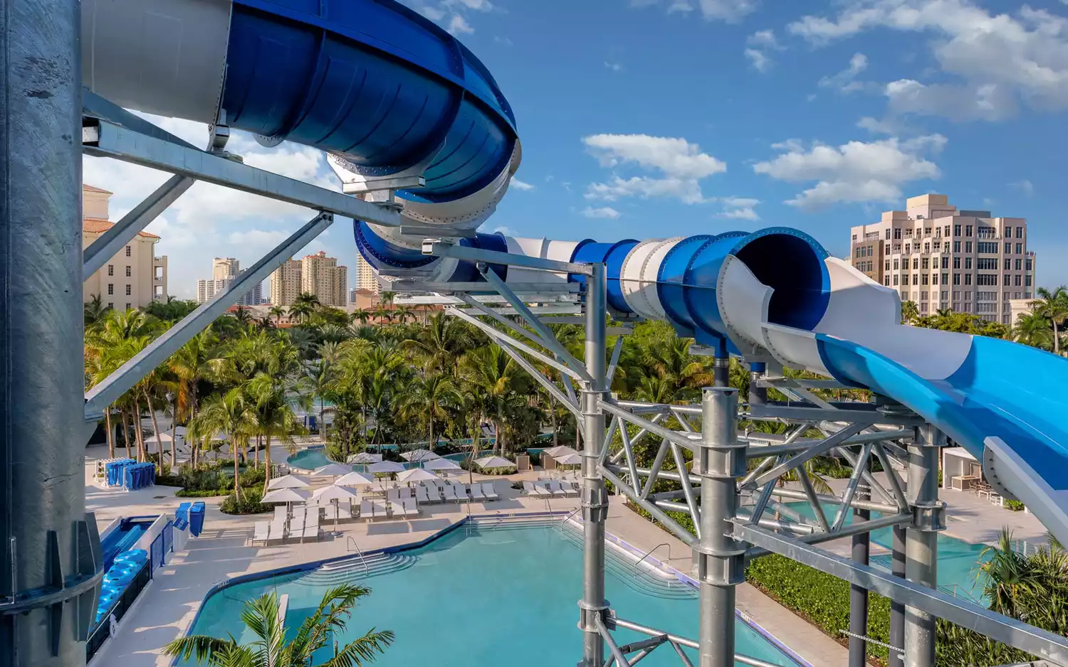 The modern water park tower and pool deck at JW Marriott Miami Turnberry Resort.