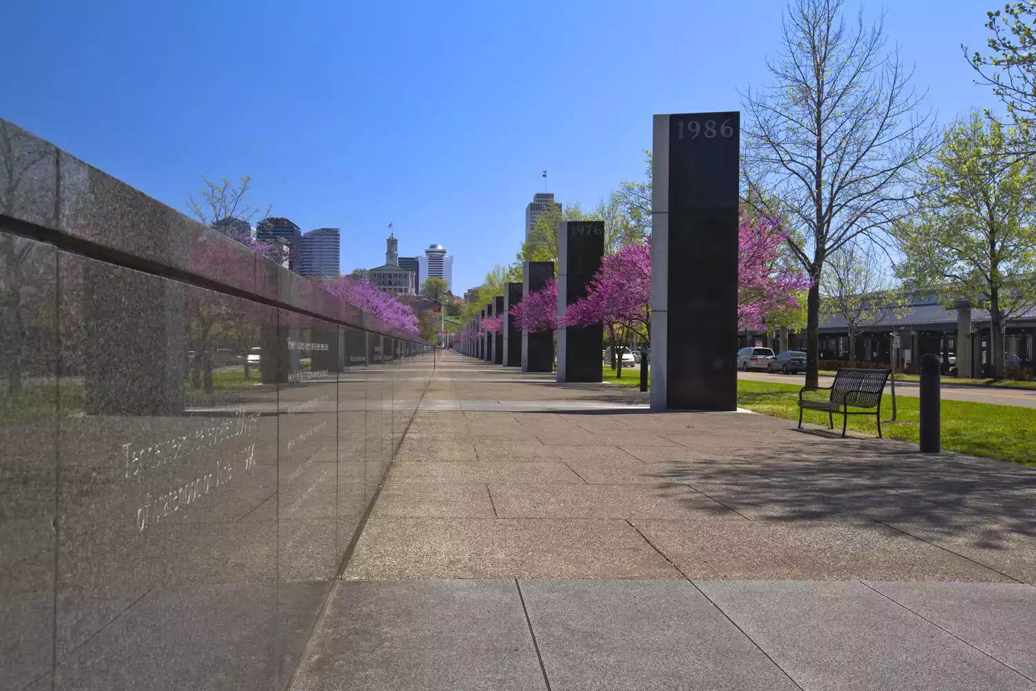Cherry blossom trees blooming along the Pathway of History at Bicentennial Mall State Park in Nashville.