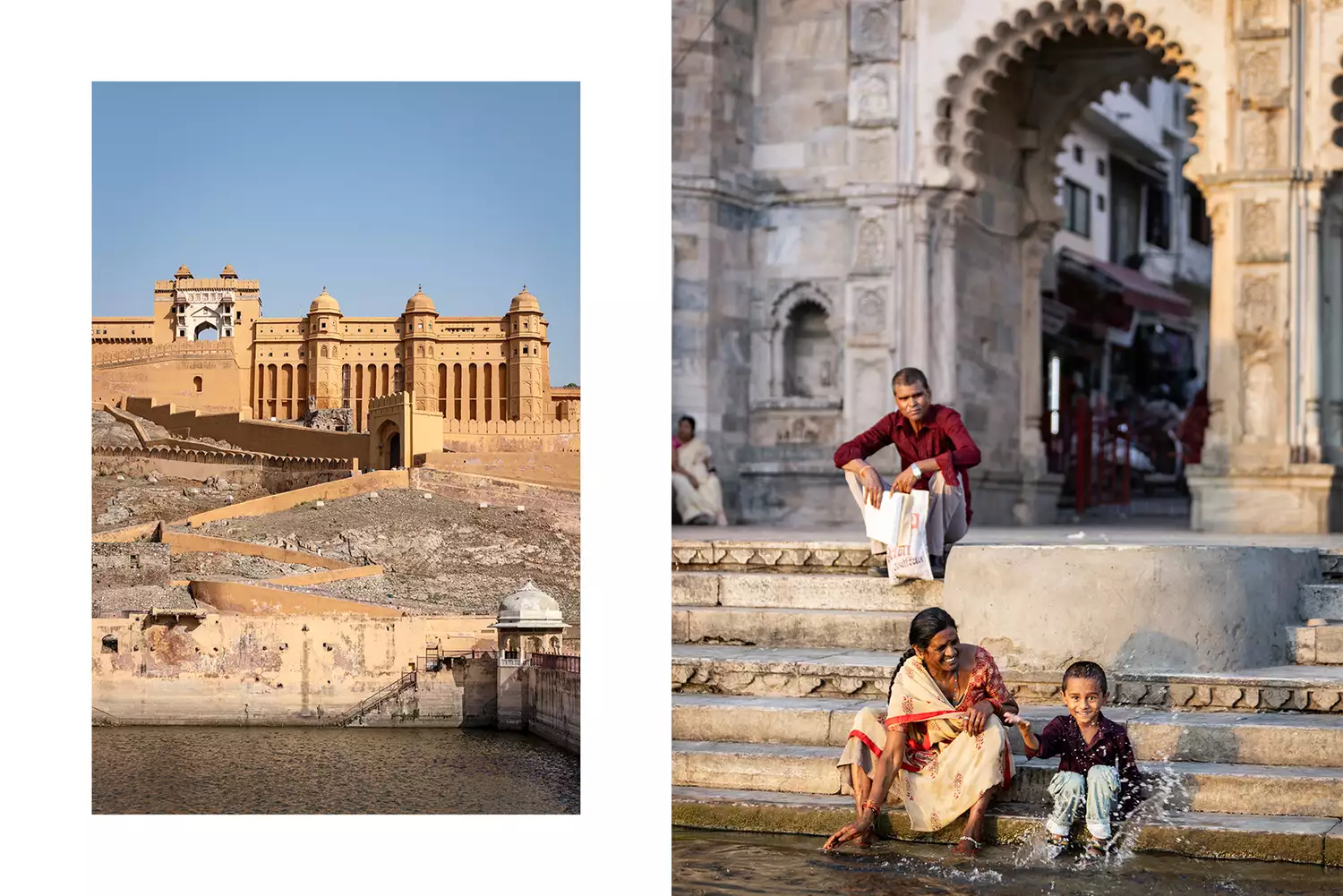 Split image showing the massive sandstone walls of Amber Fort and local people gathered by the stone steps of Lake Pichola.