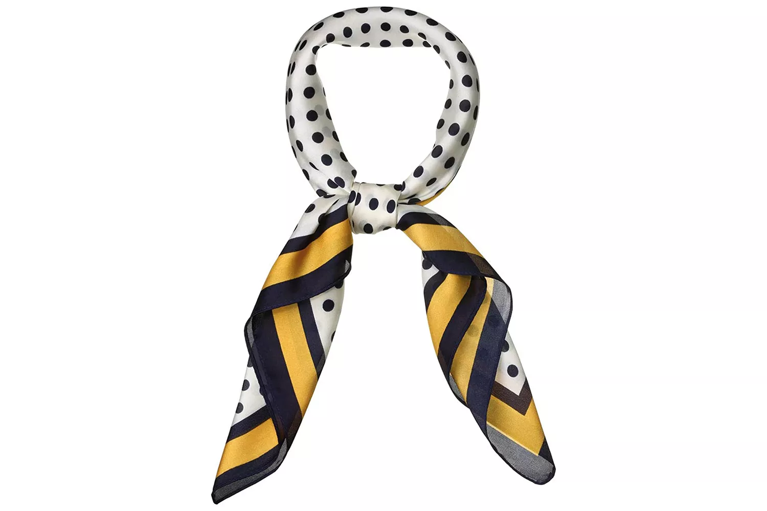 A square silk scarf with polka dot pattern.