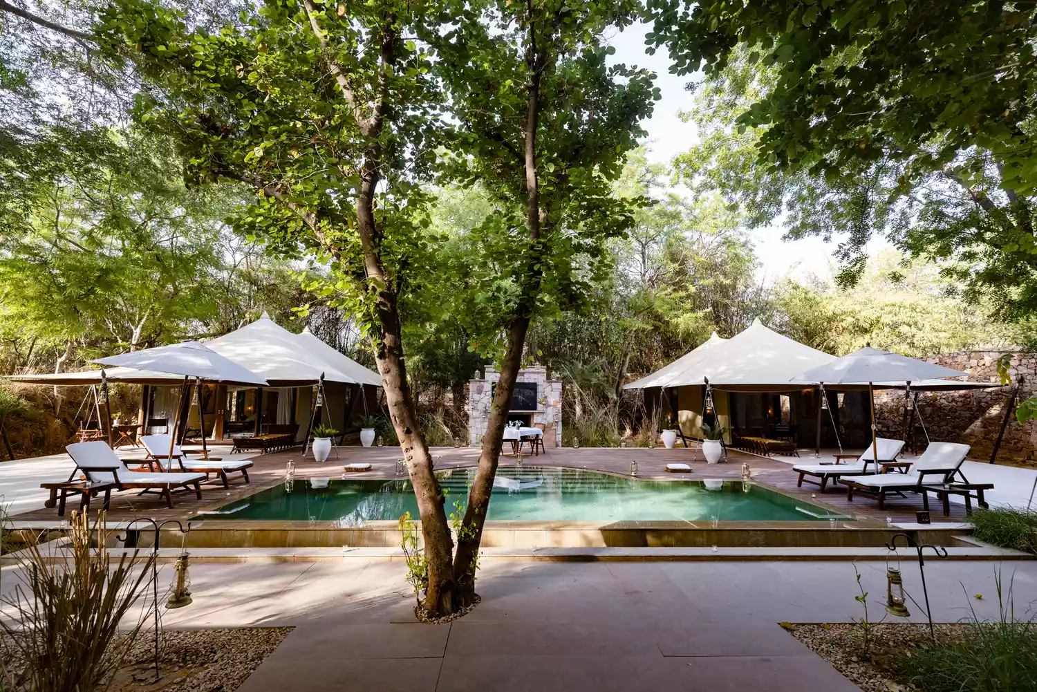 A luxury family tent suite featuring two large canvas tents connected by a private outdoor deck and plunge pool.