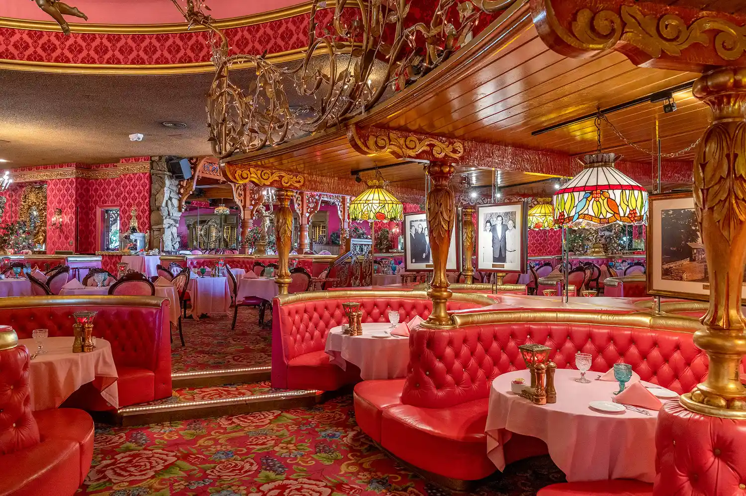 The ornate and colorful Gold Rush Steak House dining room inside the Madonna Inn.