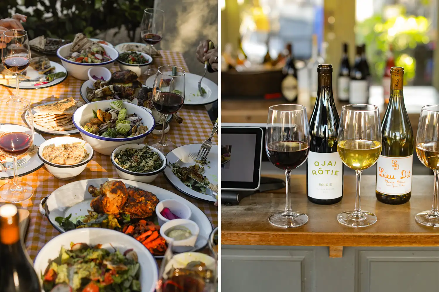 An array of roasted dishes and local wine served on a rustic outdoor table at Ojai Rotie.