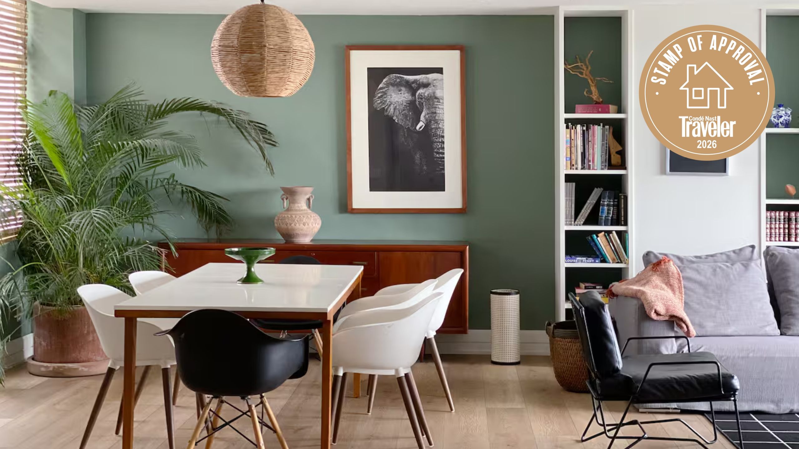 Modern dining room with midcentury furniture and artisanal interior design in a Mexico City rental.