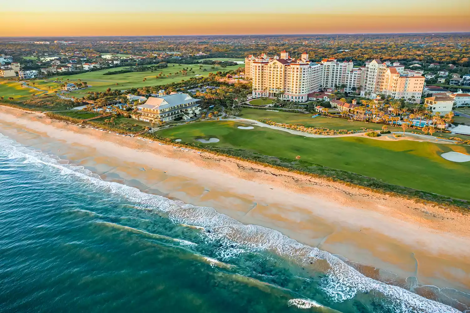 Aerial shot of the Hammock Beach Golf Resort & Spa situated right along the Florida coastline.