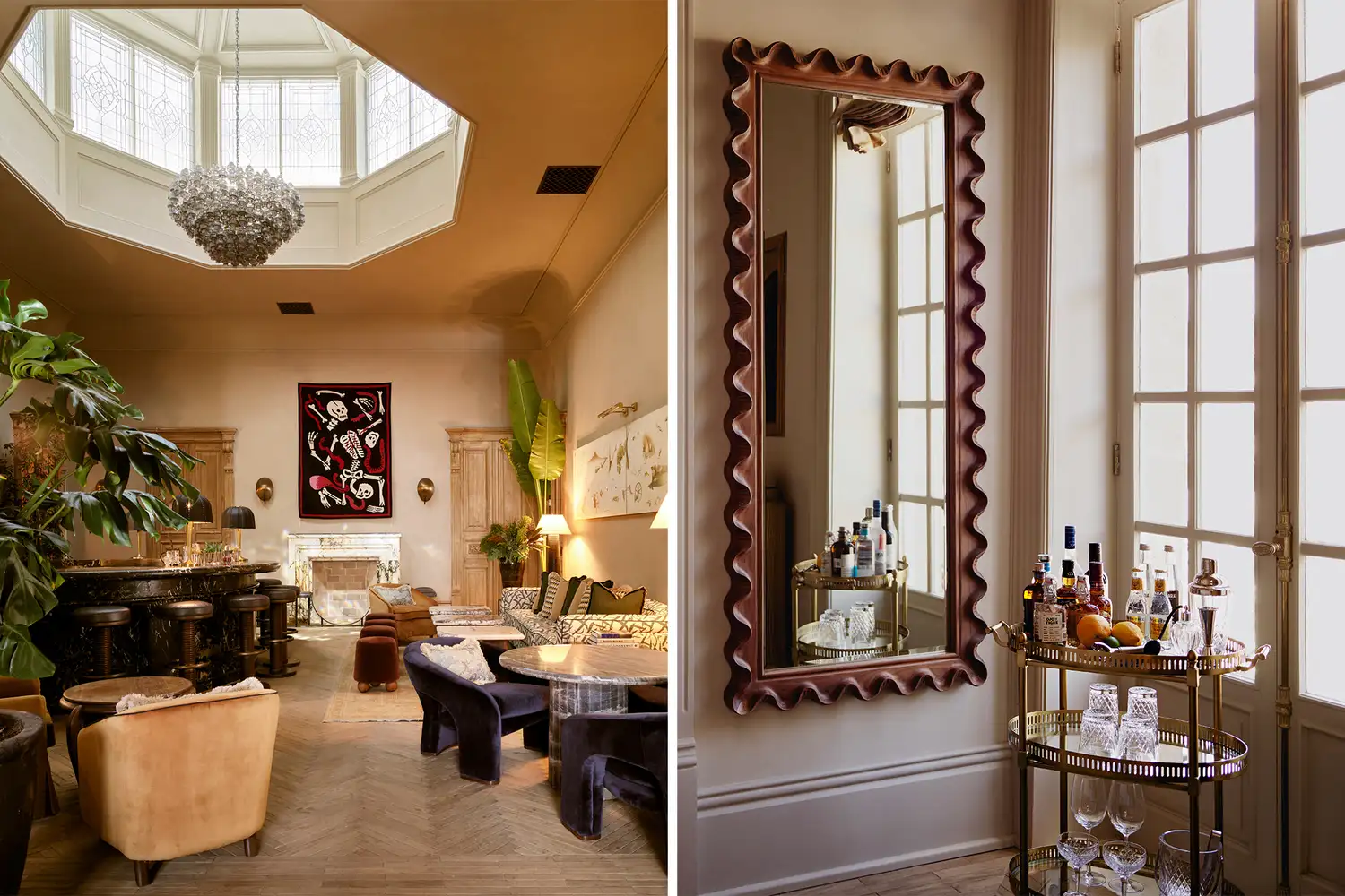 Interior views of Soho House Mexico City showing an elegant bar and a refined guest room.