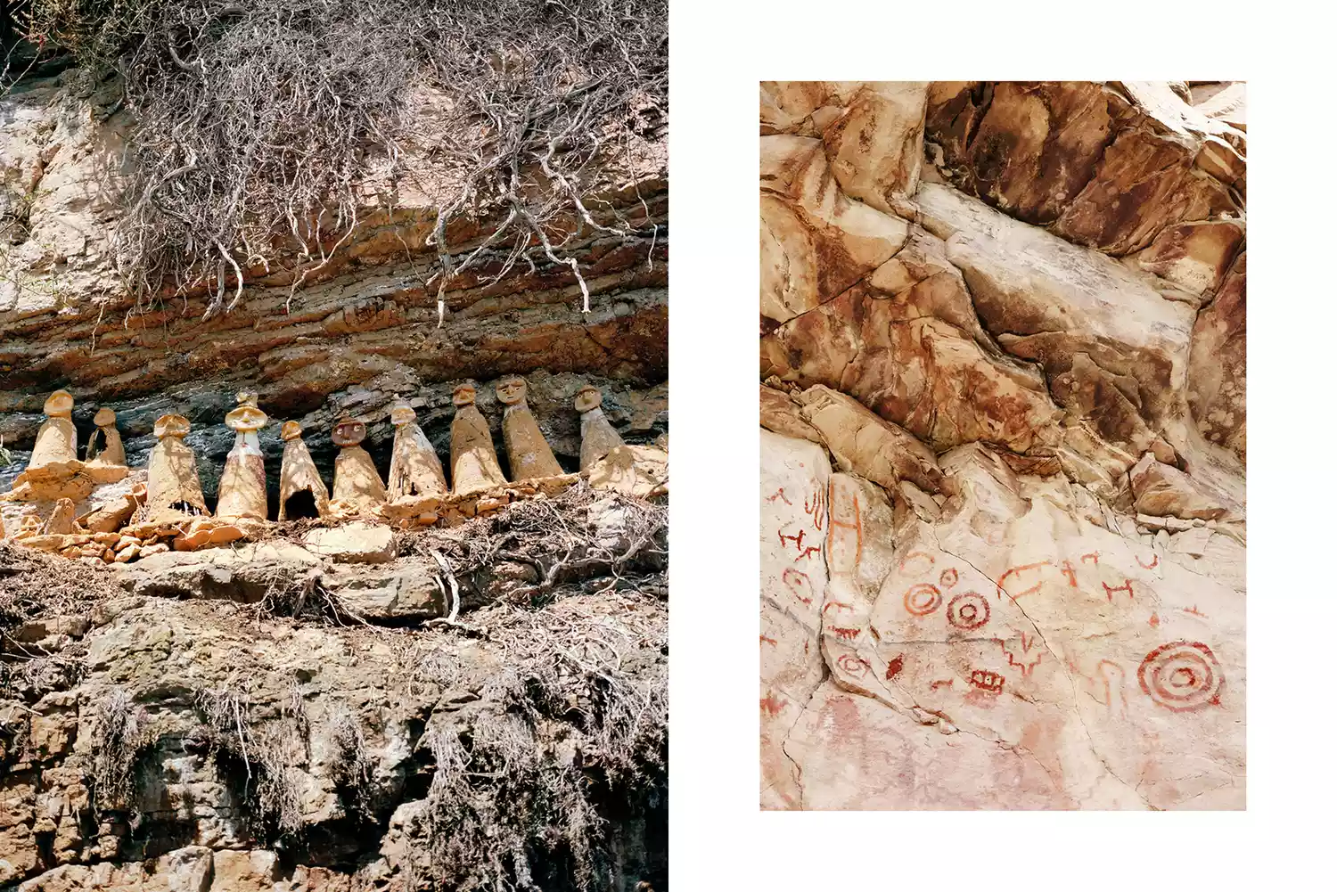 Ancient stone sarcophagi perched on a cliff ledge and colorful pictographs on a rock face.