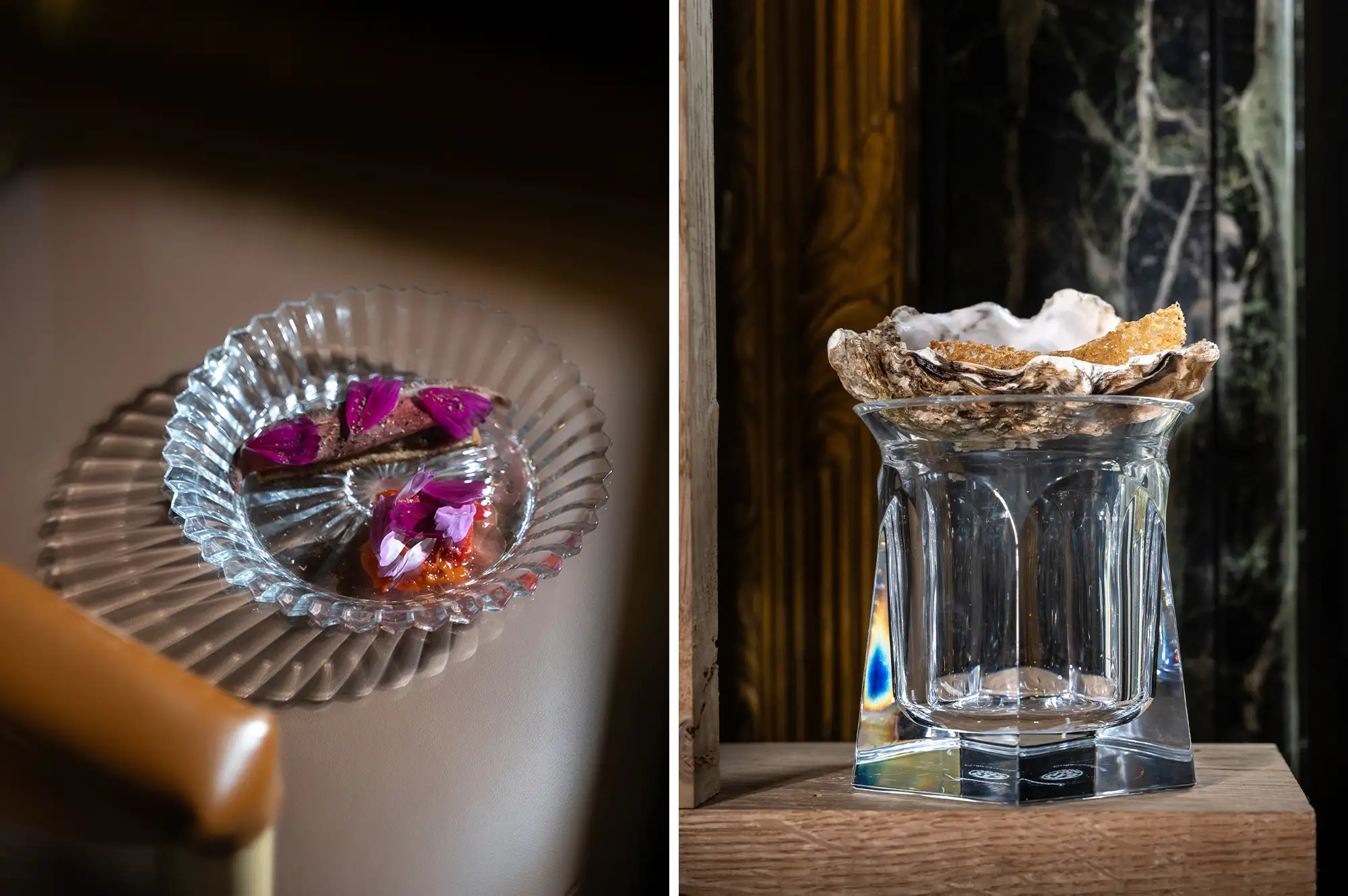 Artistic presentation of food on decorative Baccarat glass and wooden surfaces.