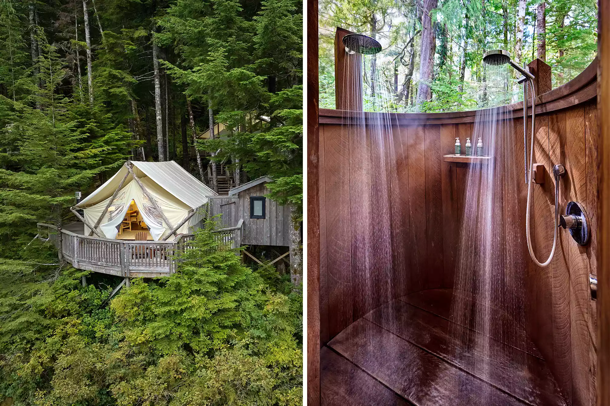 A luxury ensuite featuring an outdoor shower with wooden slats and high-end fixtures.