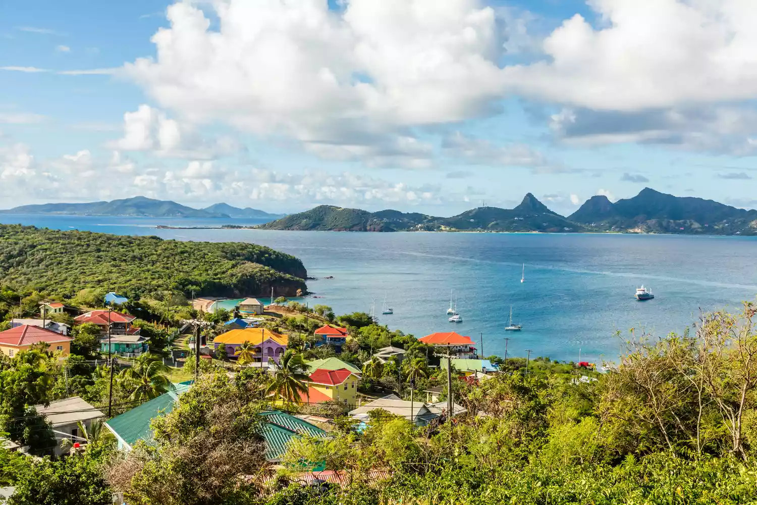 Aerial panorama of Mayreau and Union Island in St. Vincent and the Grenadines.