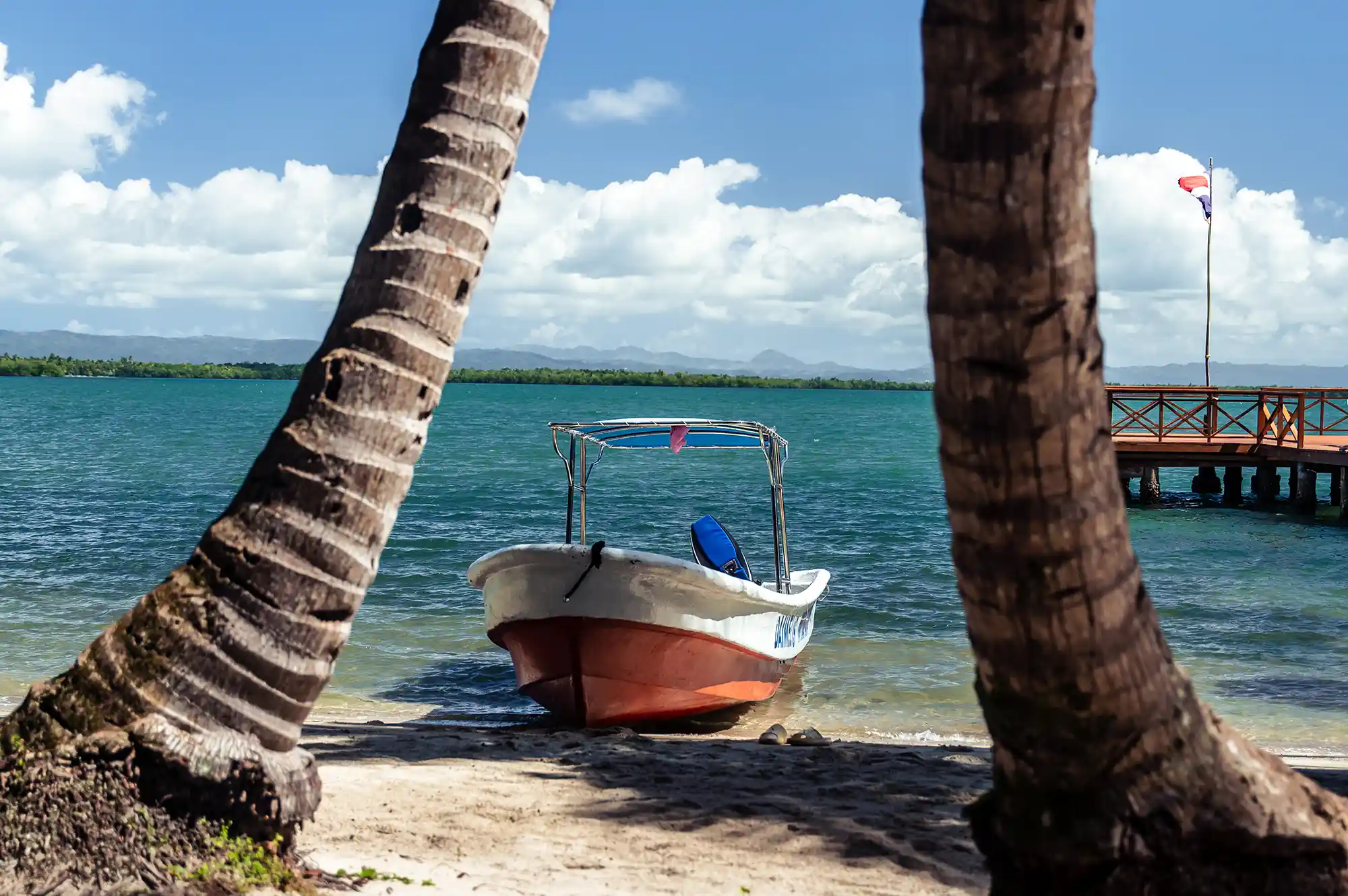 A small motorboat anchored on a white sand beach framed by palm trees.