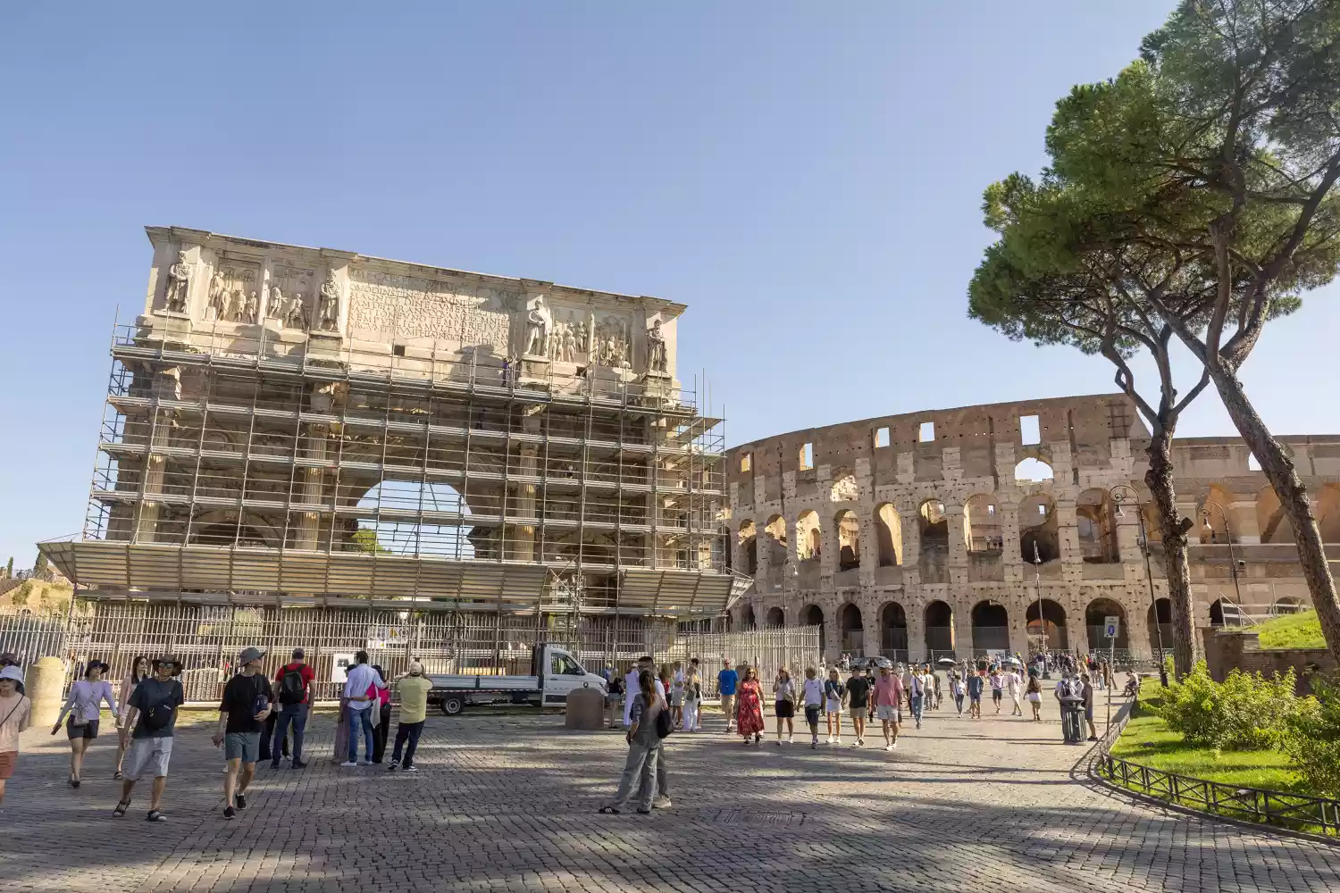 Ongoing construction work and fencing near the ancient Roman Colosseum.