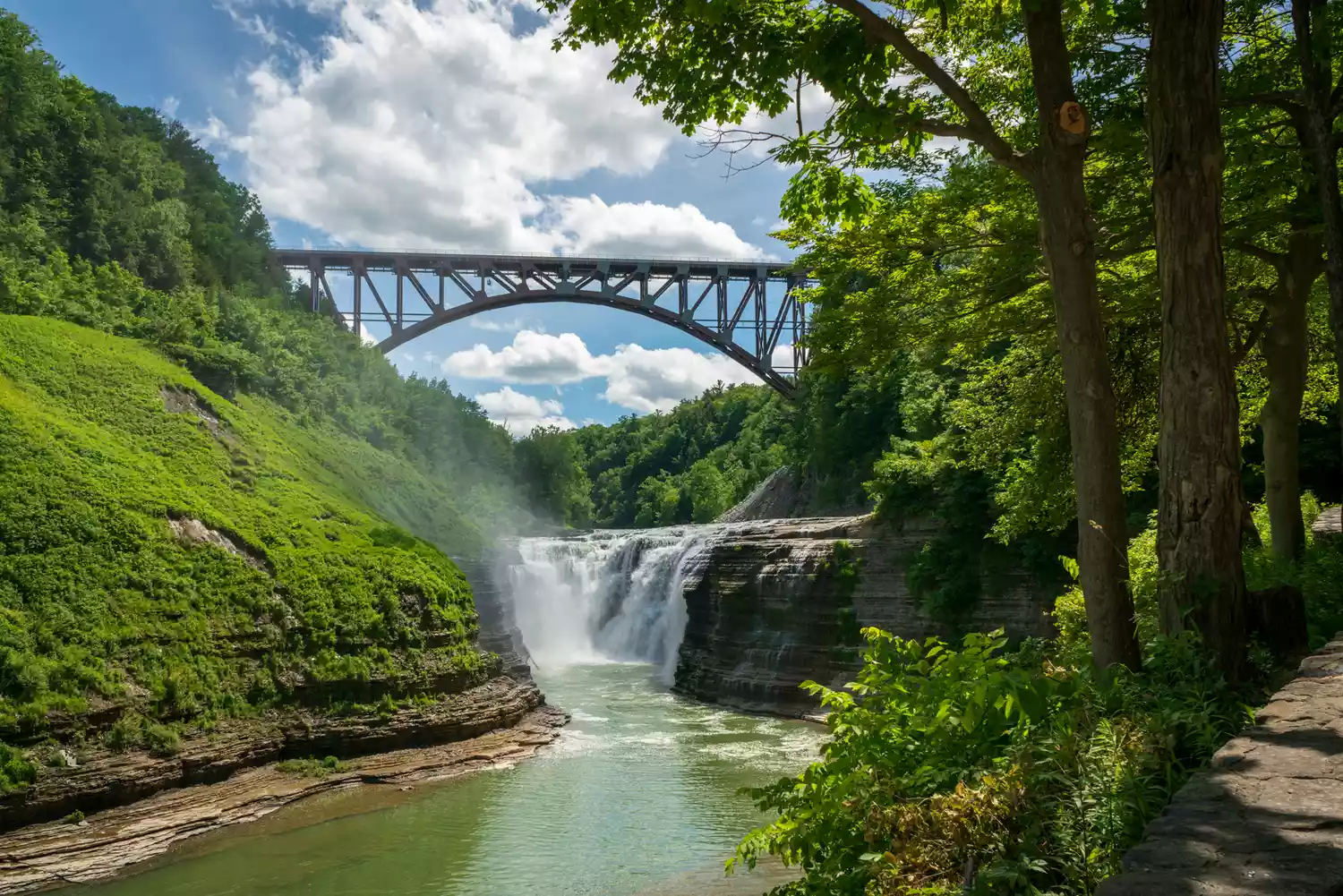 Letchworth State Park gorge on a clear, sunny spring day.
