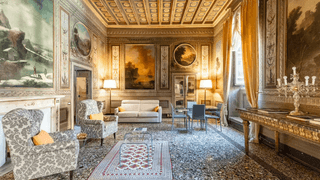 Intricate Renaissance-style interior of a luxury apartment near Palazzo Borghese with ornate furnishings.