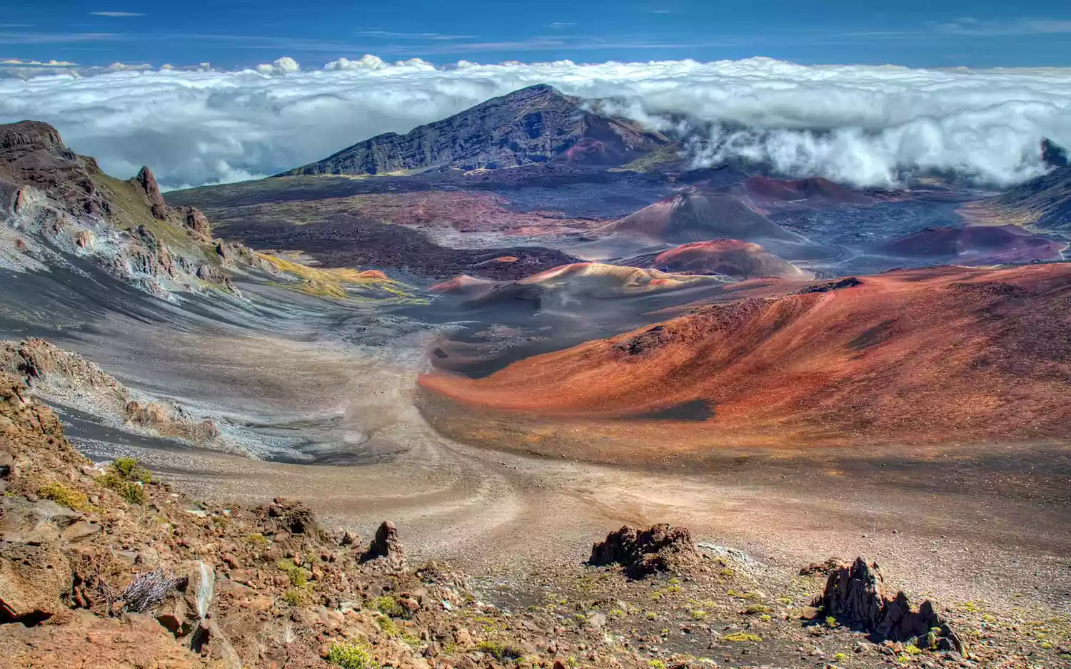 The vast volcanic crater area of Haleakala National Park in Maui.