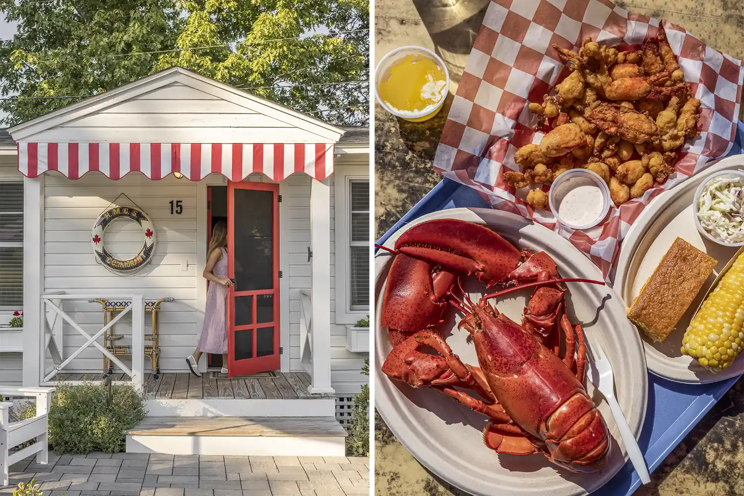 A split image showing a woman at a cottage entrance and a platter of fresh Maine lobster with corn.