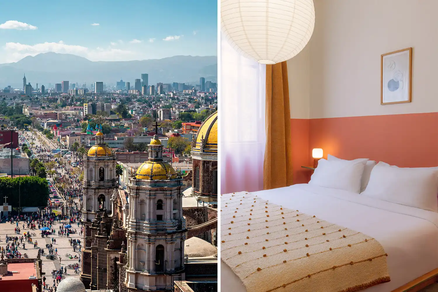 A composite image showing the CDMX skyline from the Basilica of Guadalupe next to a modern hotel room interior.