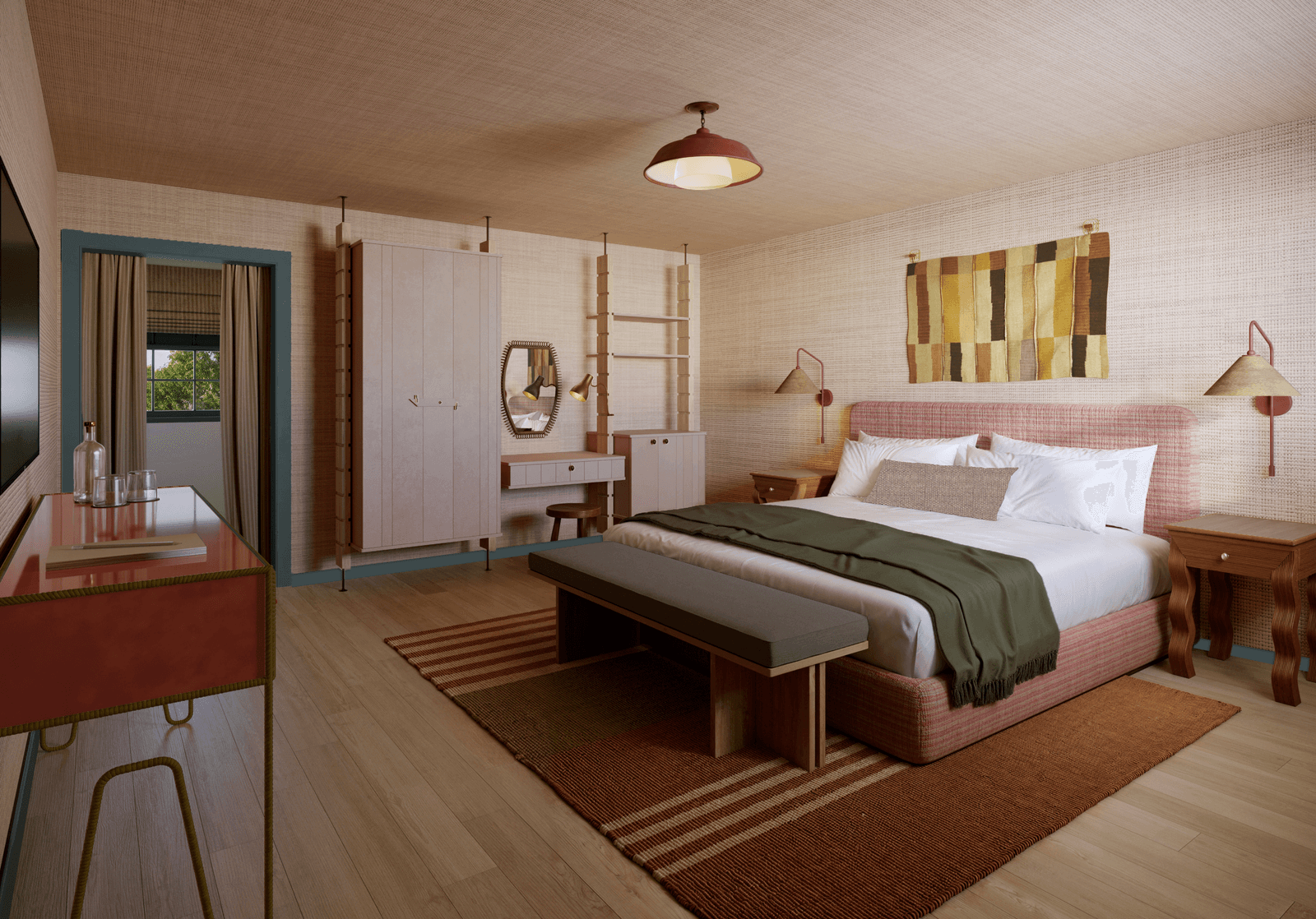 A sophisticated hotel bedroom with warm wood flooring and a minimalist layout.
