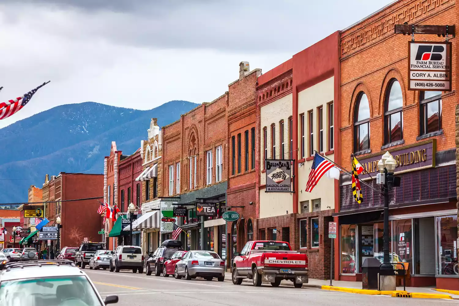 The historic main street of Red Lodge Montana during winter.