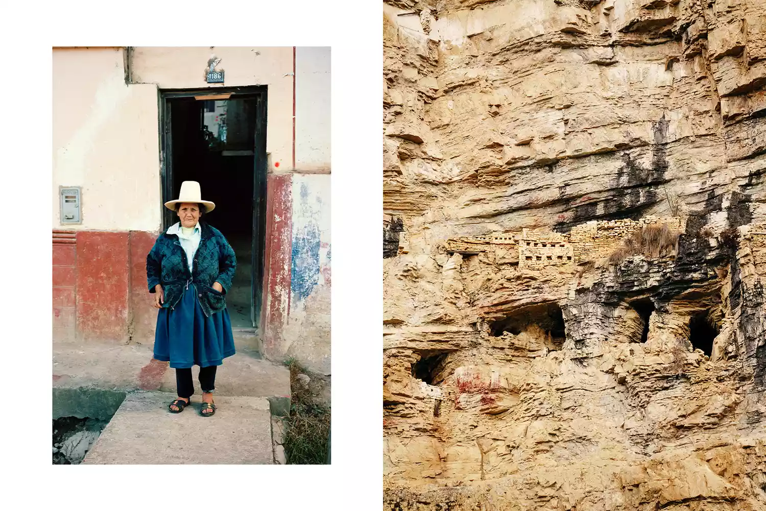 Ancient stone mausoleums built into a high cliff face and a portrait of a local resident.