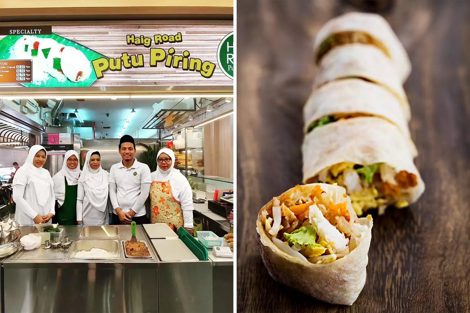 A split photo showing a street food stall and a freshly made Joo Chiat popiah wrap.