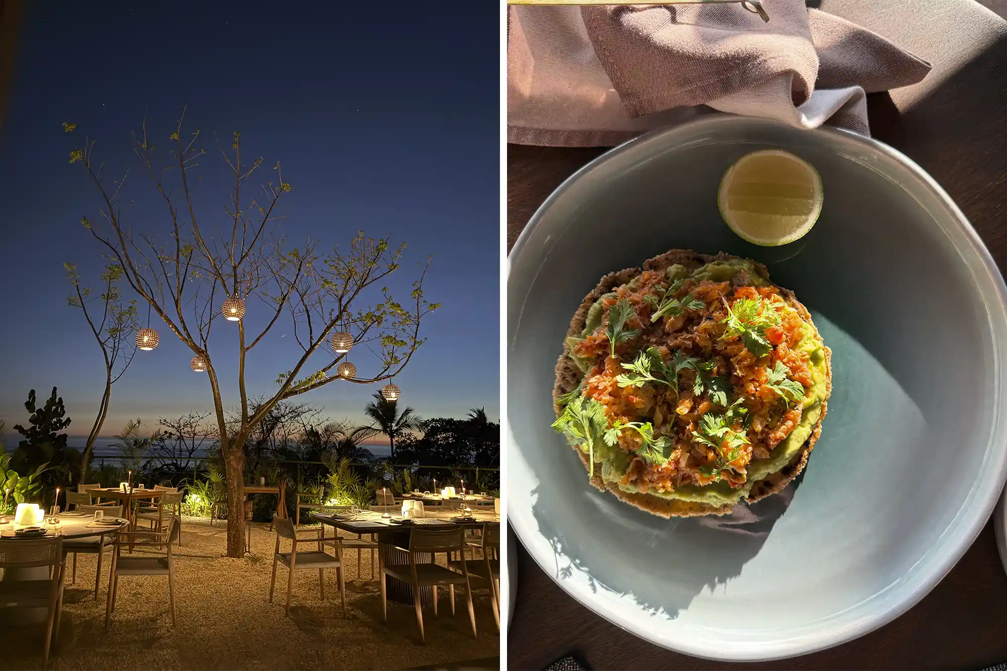 Outdoor luxury dining area at dusk with beautifully plated food on a table.