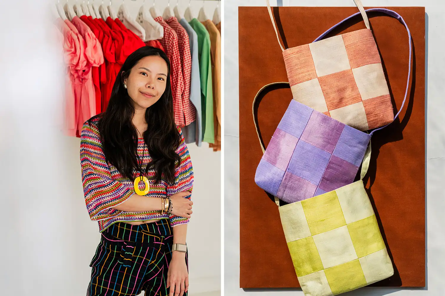 Designer Tammy Amorn of Seire Collective standing next to checkered silk bags