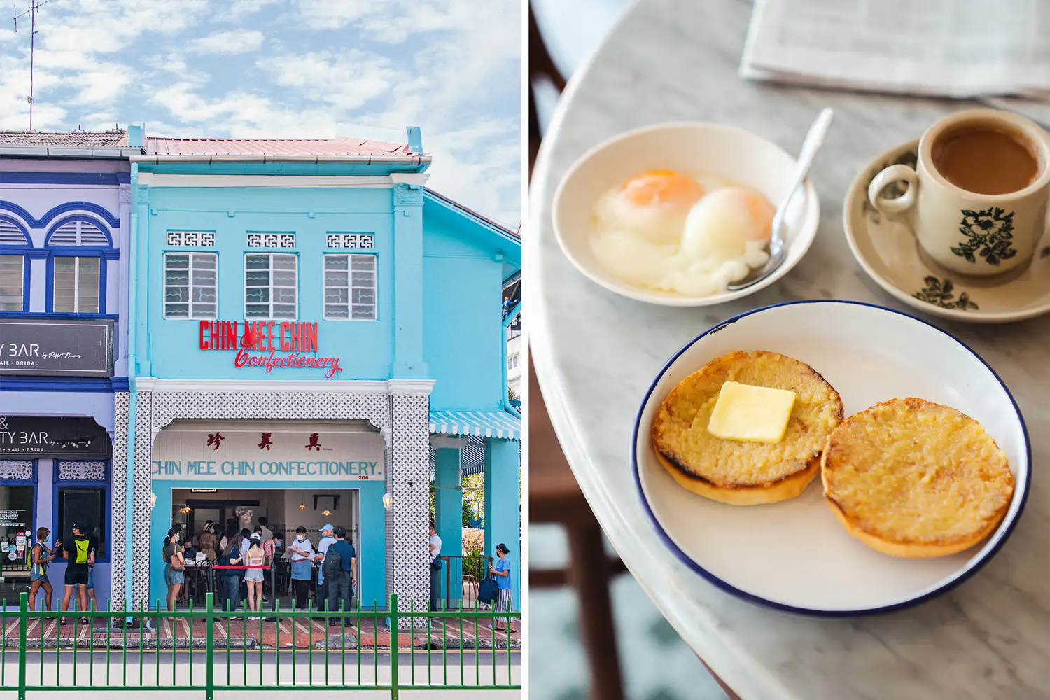 Exterior of Chin Mee Chin Confectionery next to a plate of traditional kaya toast and soft-boiled eggs.