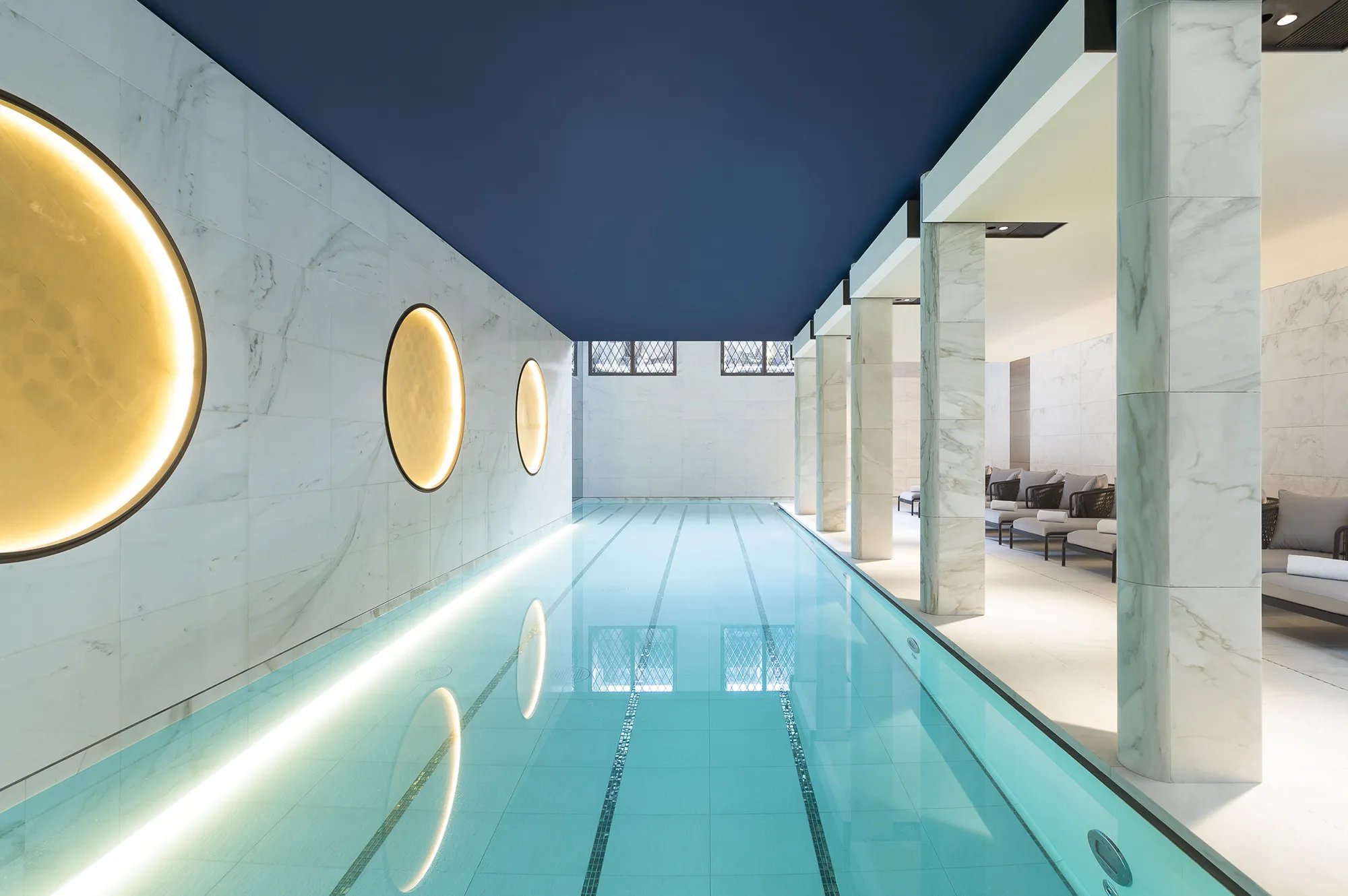 The 17-meter elegant indoor swimming pool at the Akasha Spa in Mandarin Oriental Lutetia.