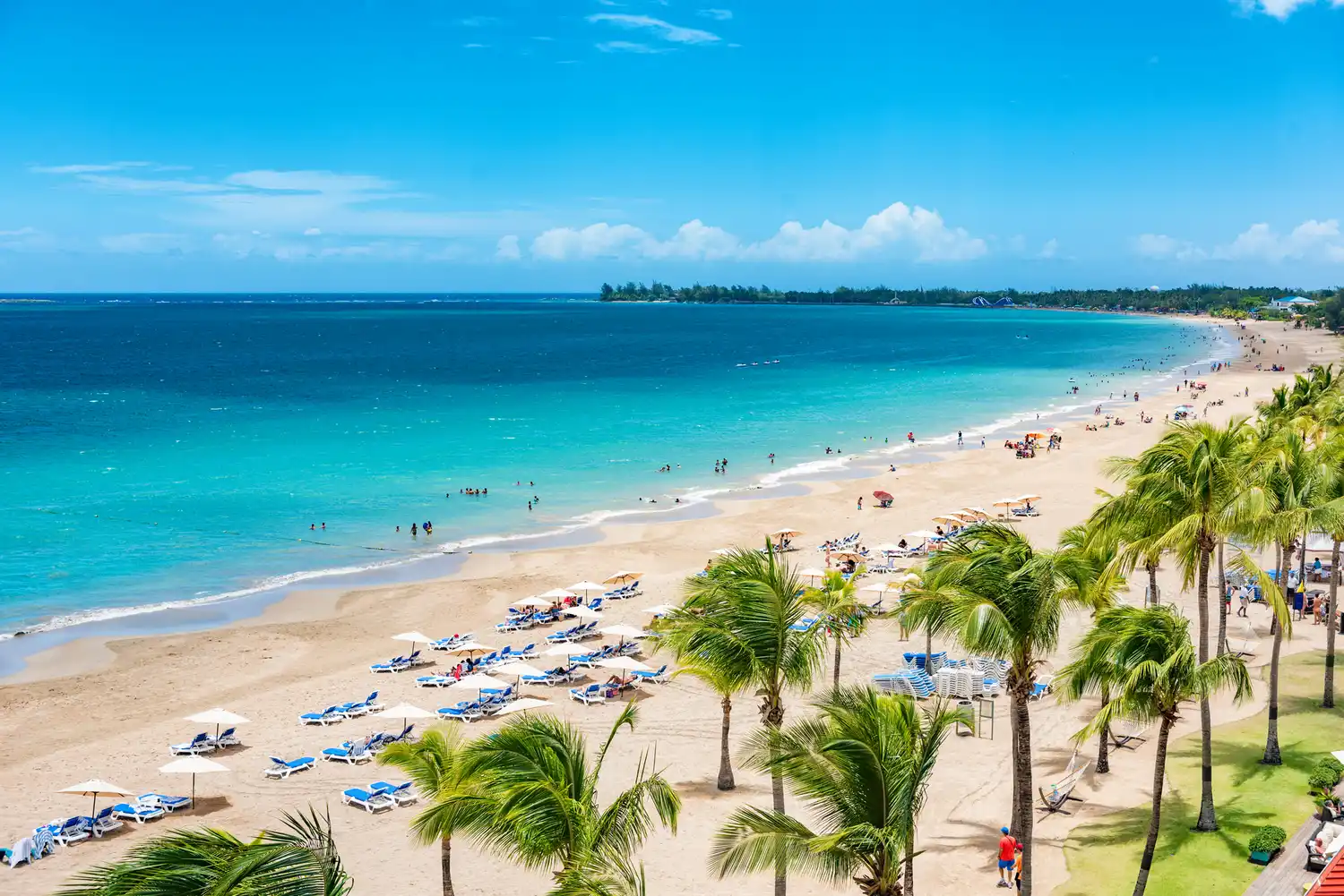 Aerial view of an expansive beach in San Juan with turquoise waters and palm trees.