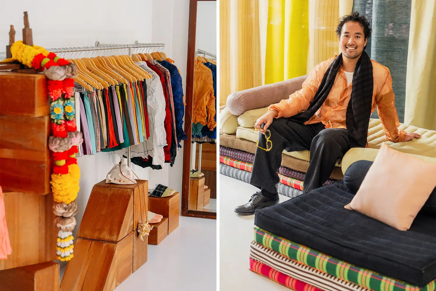 Designer Teerapat Phuangfueang in the Nong Rak showroom surrounded by modern textile garments