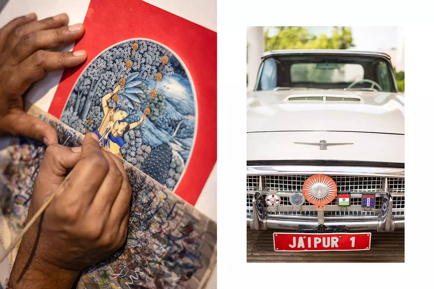 A comparison showing a detailed miniature painting in progress and a vintage 1950s Ford Thunderbird parked at a palace.