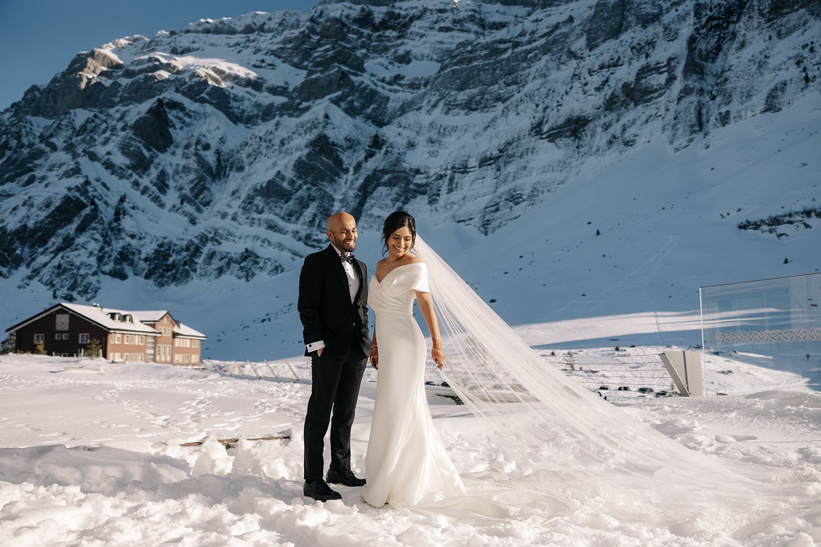 A bride in a formal wedding gown, highlighting the importance of choosing appropriate mountain wedding fashion.