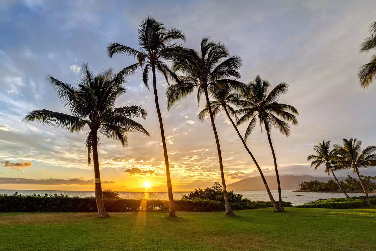 A vibrant sunset over the beach at Kihei, Maui, with palm trees and ocean waves.