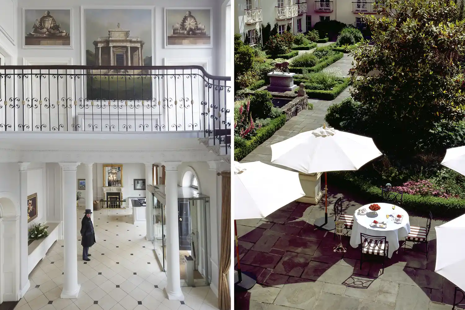 Split view of a grand hotel lobby with a fireplace and an outdoor courtyard garden with seated dining.