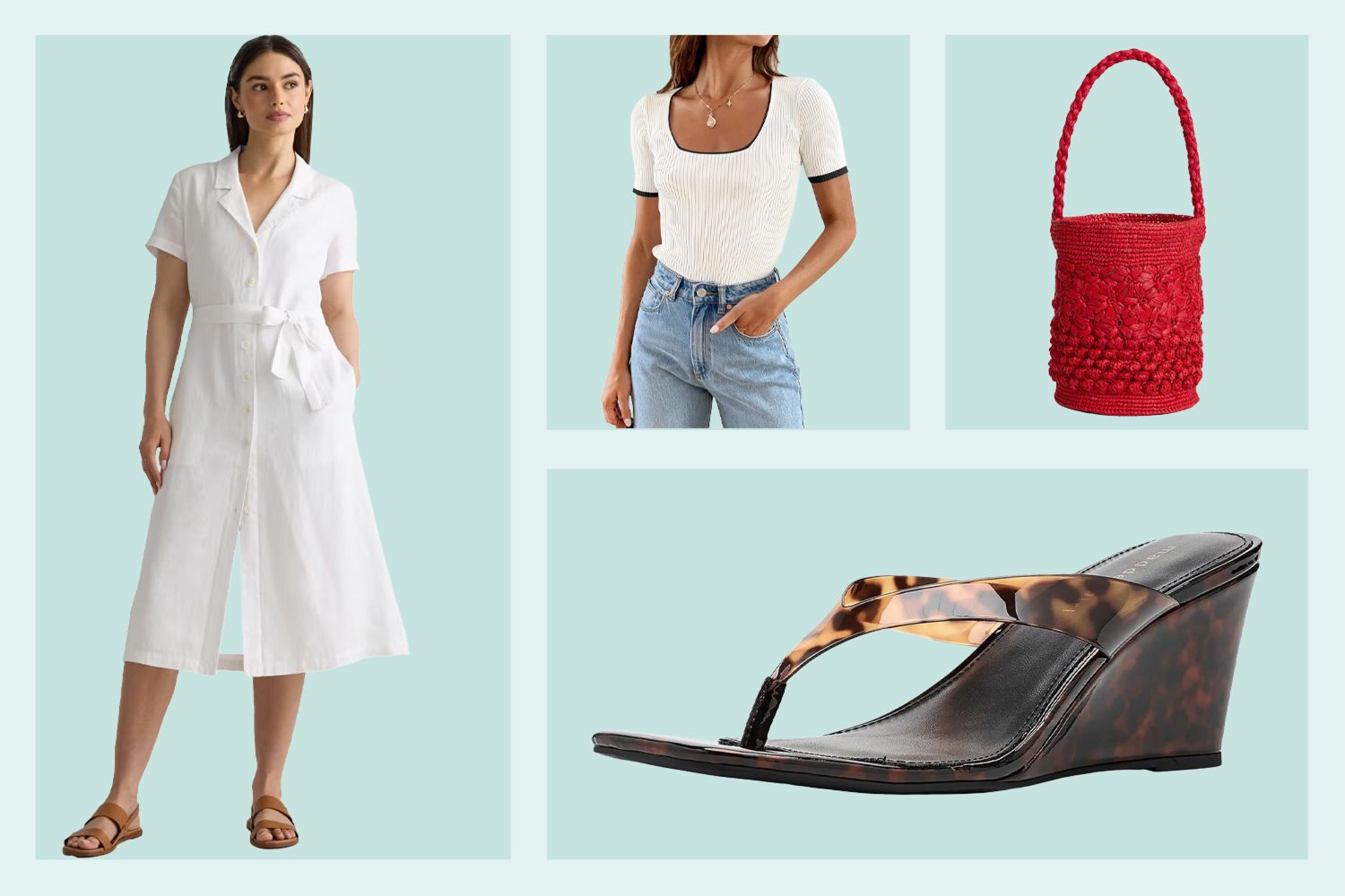 A curated collection of spring wardrobe items in mocha, espresso, and butter yellow.