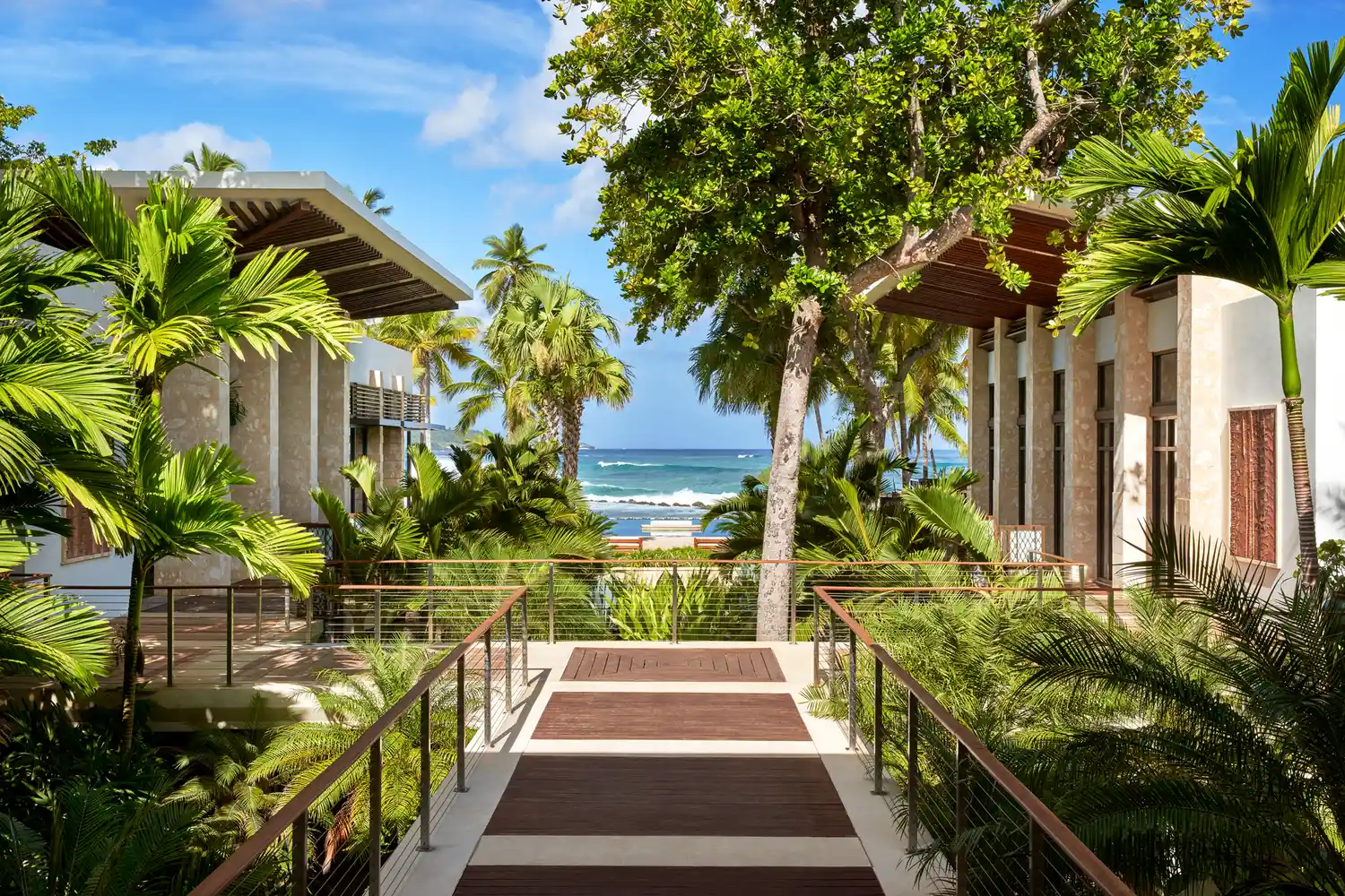 A wooden walkway through tropical greenery leading toward the ocean at Dorado Beach.
