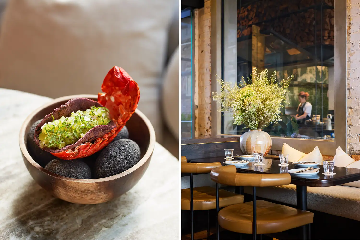 A close-up of a crayfish taco next to a photo of a modern, high-ceilinged restaurant interior.
