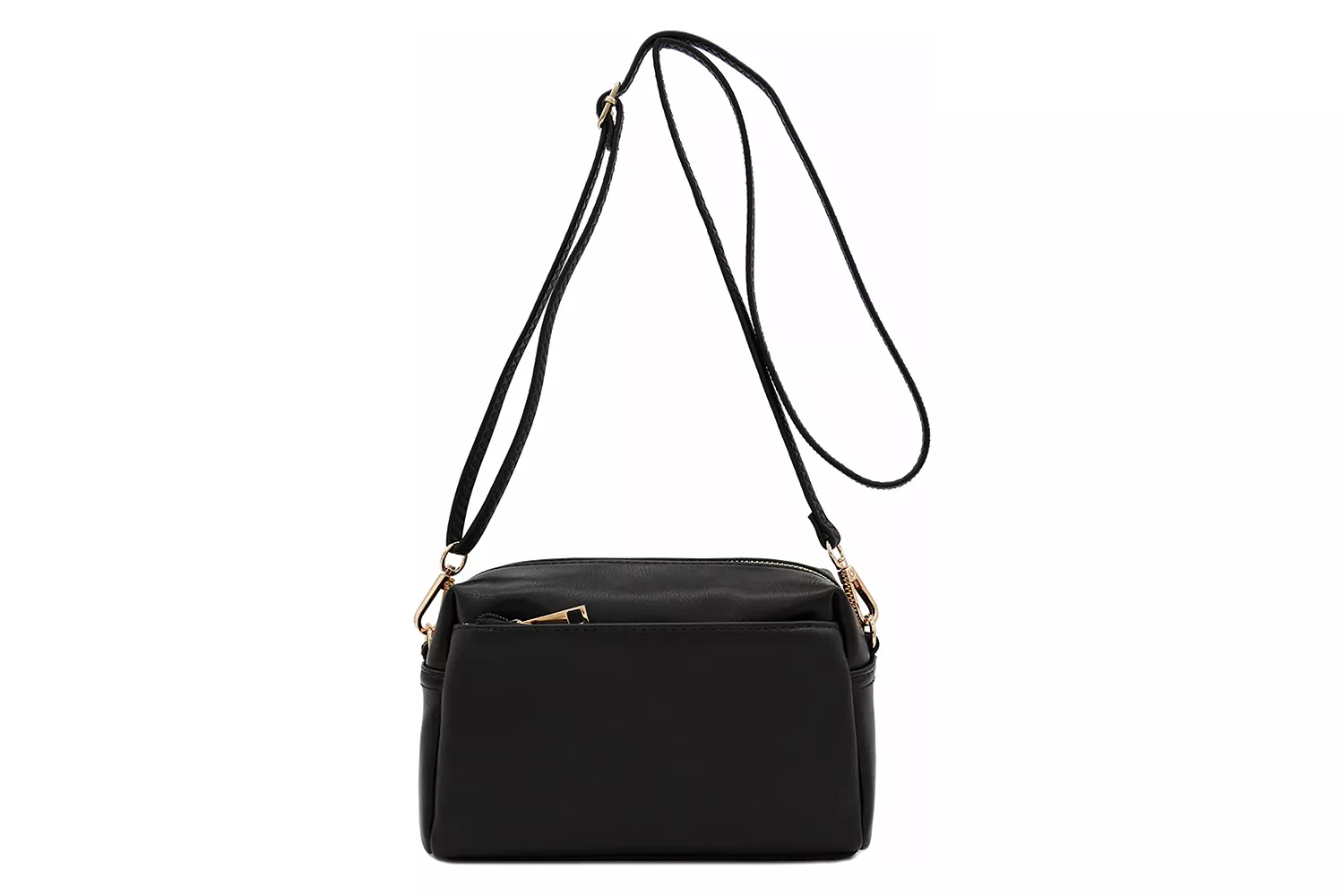 A black multi-compartment triple-zip crossbody bag.