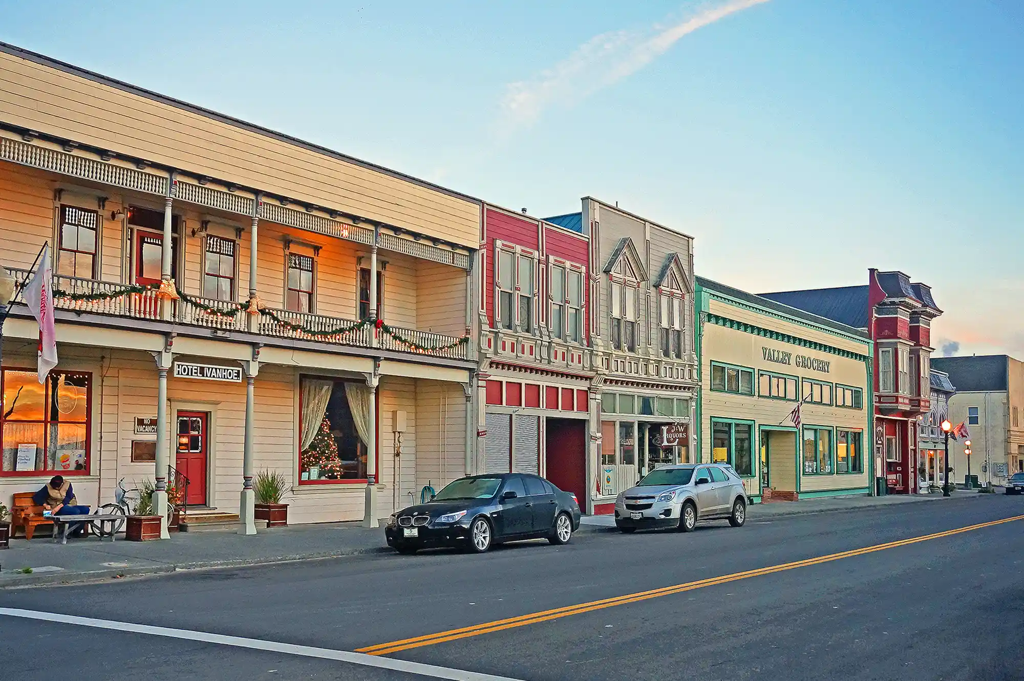 A row of historic buildings and storefronts along Ferndale's Main Street.