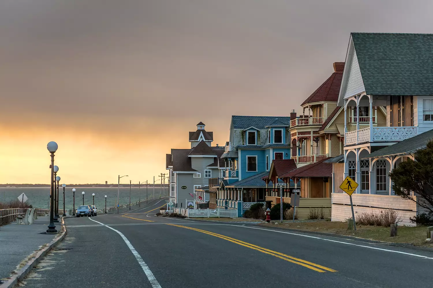 A row of colorful, architecturally unique Victorian cottages in Oak Bluffs on Martha's Vineyard.