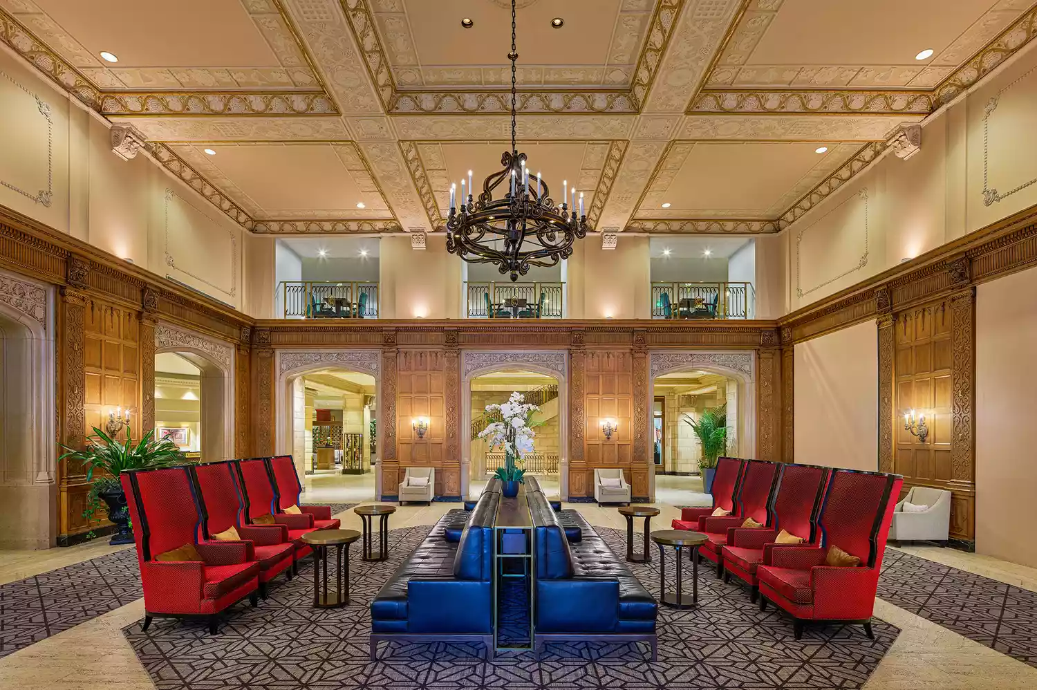 The grand interior lobby of the Fairmont Château Laurier with high ceilings and historic decor.