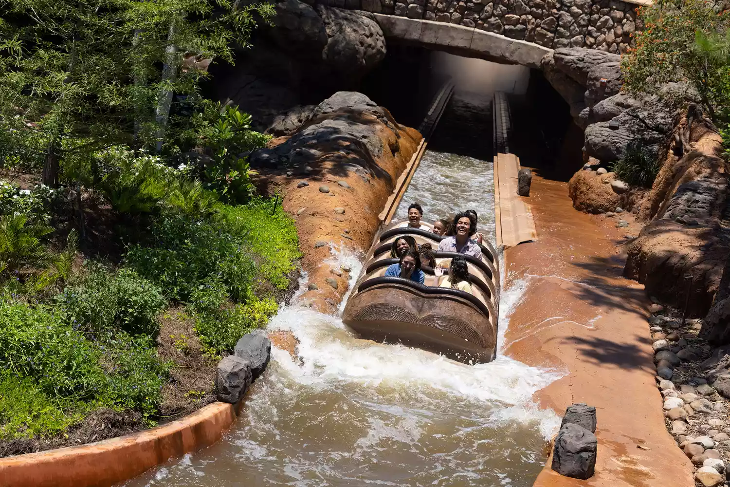 Families in a log flume vehicle descending a drop in the Tiana's Bayou Adventure ride.