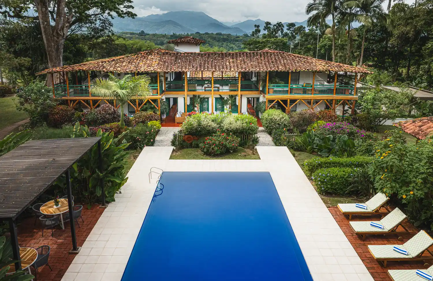 The luxury pool deck at Hacienda Bambusa in Quindío surrounded by tropical vegetation and bamboo architecture.