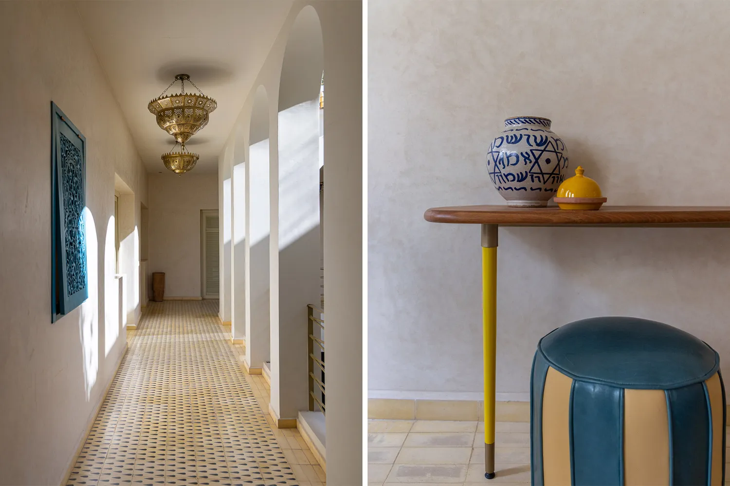 A transition view at Riad Romeo showing a traditional arched hallway and a detail of a vase and stool.