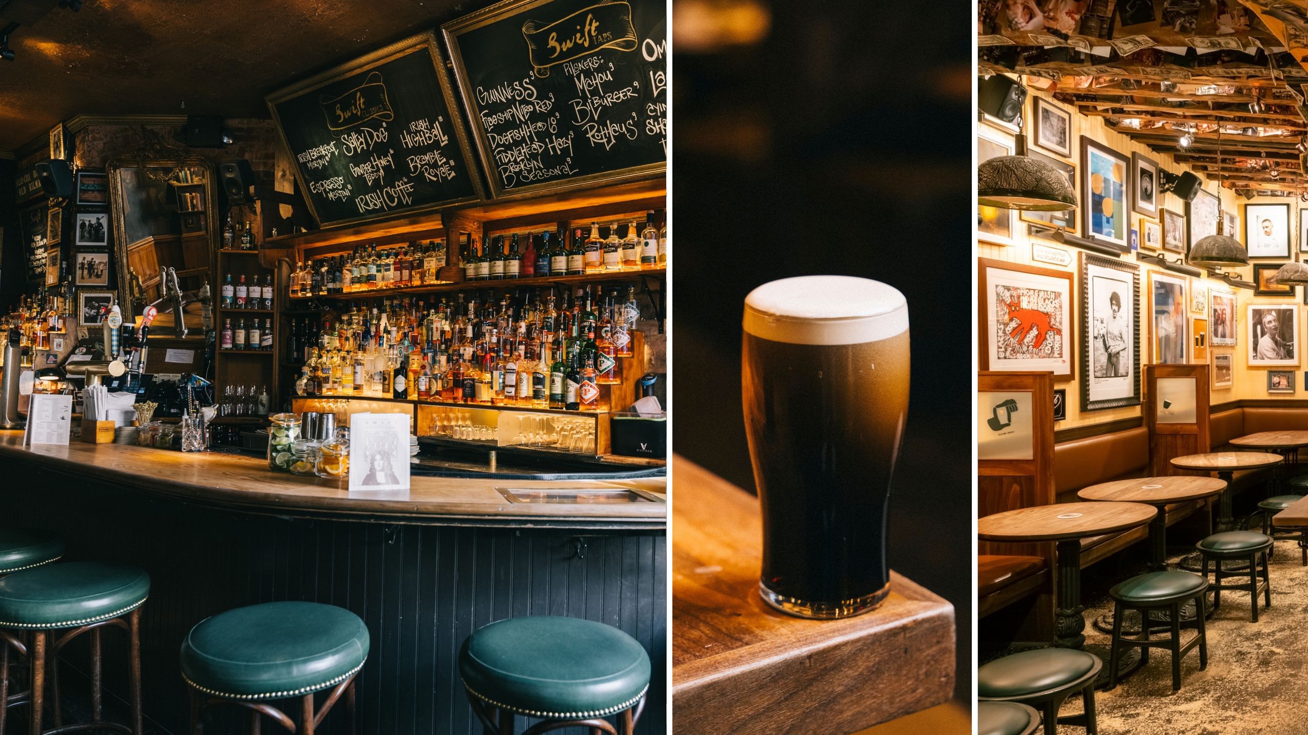 A chalk blackboard in a NYC pub listing stout and nitrogenated beverage options.