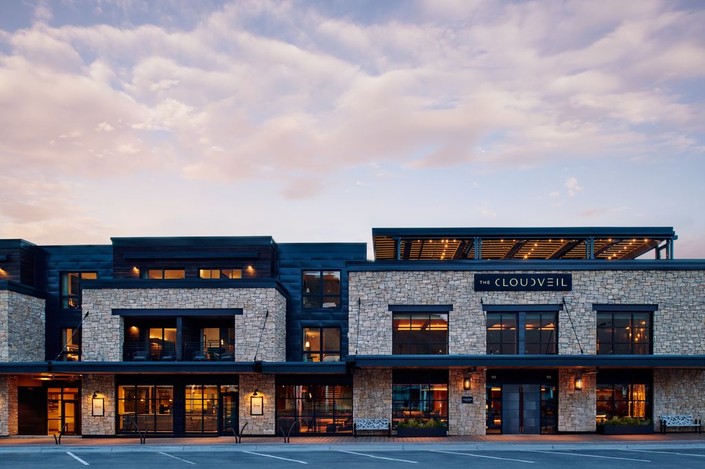 The modern Western architecture of The Cloudveil hotel in downtown Jackson.
