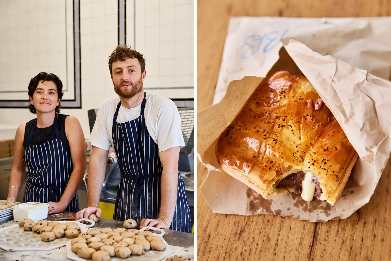 Two photos: one of two bakers in a kitchen and another of a golden-brown steak-and-cheese pie.