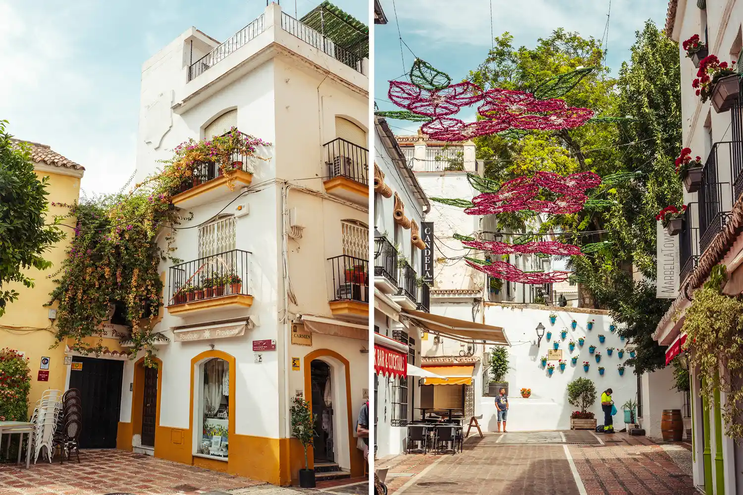 Side-by-side view of traditional whitewashed buildings and narrow flower-lined streets in Marbella Old Town.